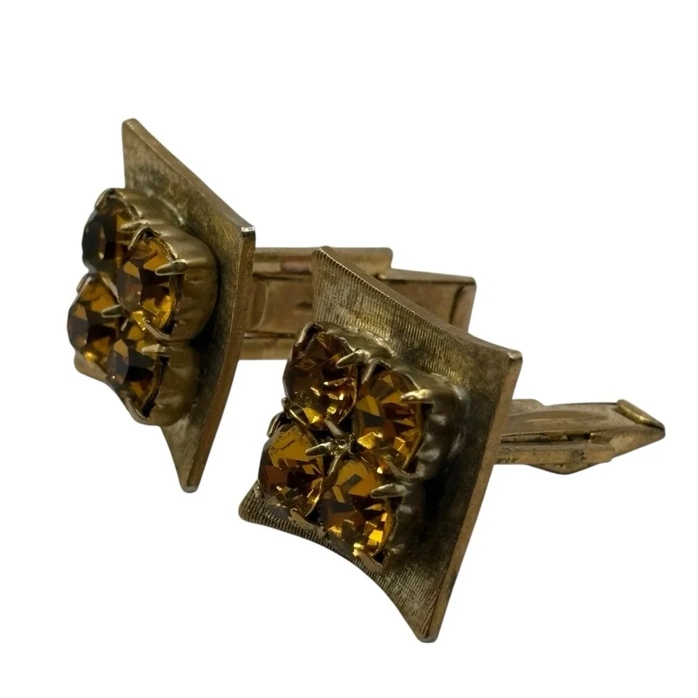 Yellow Rhinestone Cufflinks‎ Square MCM Vintage Gold Tone Men's Formal Prong Set
